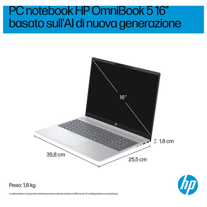 HP D3ZH7EA OmniBook 5 Laptop Computer portatile AMD Ryzen AI 7 350 16 GB LPDDR5x 1 TB SSD 16'' 2K Windows 11 Home colore Argento