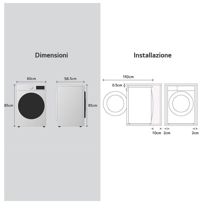 LG WHX9096TLC Lavasciuga a pompa di calore 9-6 Kg 1400 rpm Classe A AI DD TurboWash Dual Inverter Heat Pump (60x56.5x85 cm) colore Bianco