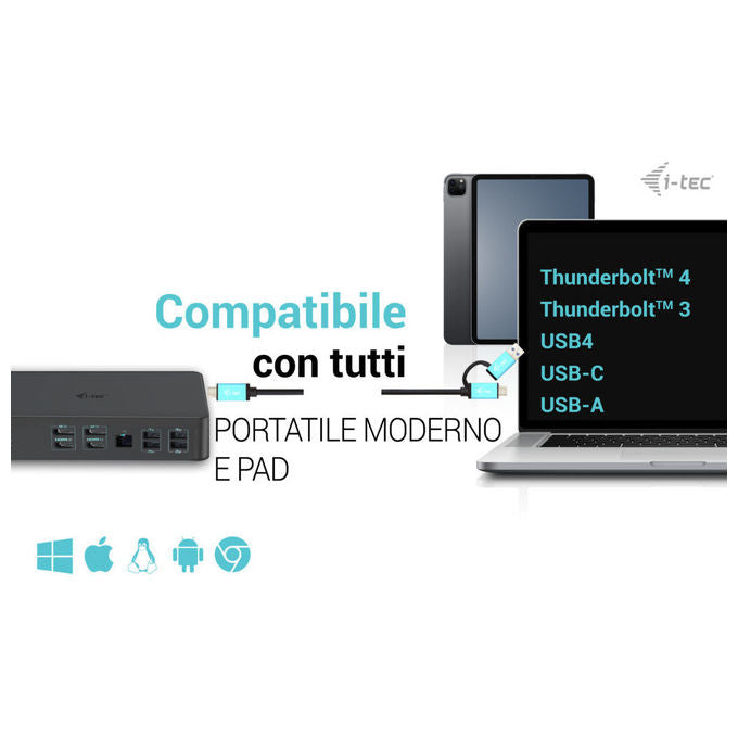 I-tec, Docking Station Dual 4K, USB 3.0, USB-C e Thunderbolt 3, Alimentazione 100W