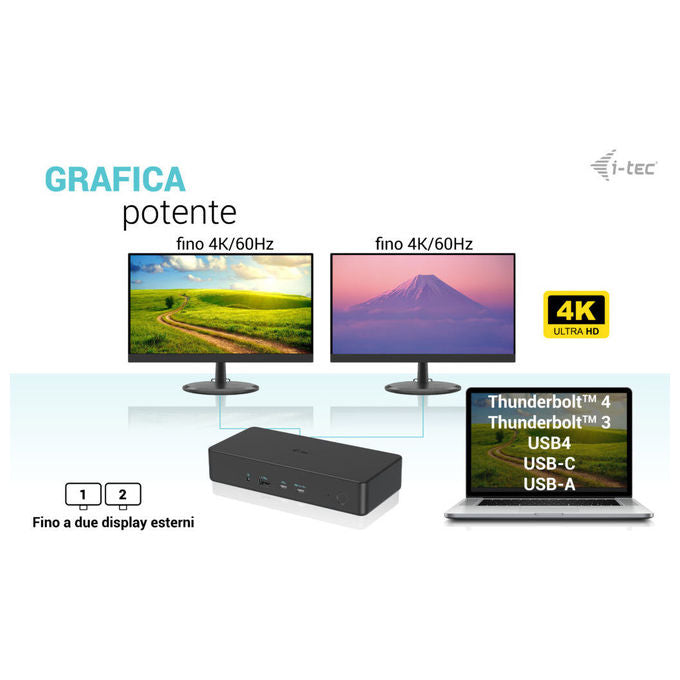 I-tec, Docking Station Dual 4K, USB 3.0, USB-C e Thunderbolt 3, Alimentazione 100W