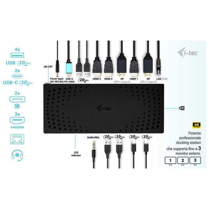 I-tec, Docking Station 4K, USB 3.0, USB-C, Thunderbolt, 3x Monitor, Power Delivery 100W