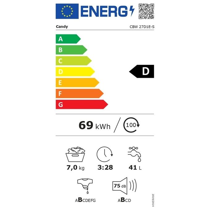 Candy  Smart CBW 27D1E-S Lavatrice da Incasso a carica frontale 7 Kg Classe D 1200 giri 16 Programmi Bianco