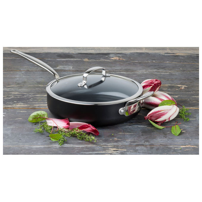 GreenPan BARCELONA PRO Patelnia Sauté 24 cm con Coperchio in Acciaio Inox Antiaderente Ceramica Thermolon Infinity Pro Induzione Forno 220°C PFAS Free colore Nero