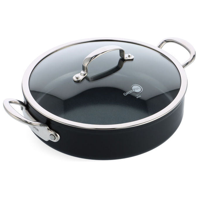 GreenPan CC005329-001 Barcelona Pro Padella Multiuso in Alluminio con Rivestimento Antiaderente in Ceramica PFAS Free Forno fino a 200 °C Induzione Sì con Coperchio in Vetro e Due Manici in Acciaio Inox colore Nero