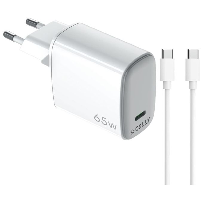Celly Caricatore USB-C 65W con Cavo Caricabatterie da Muro Bianco