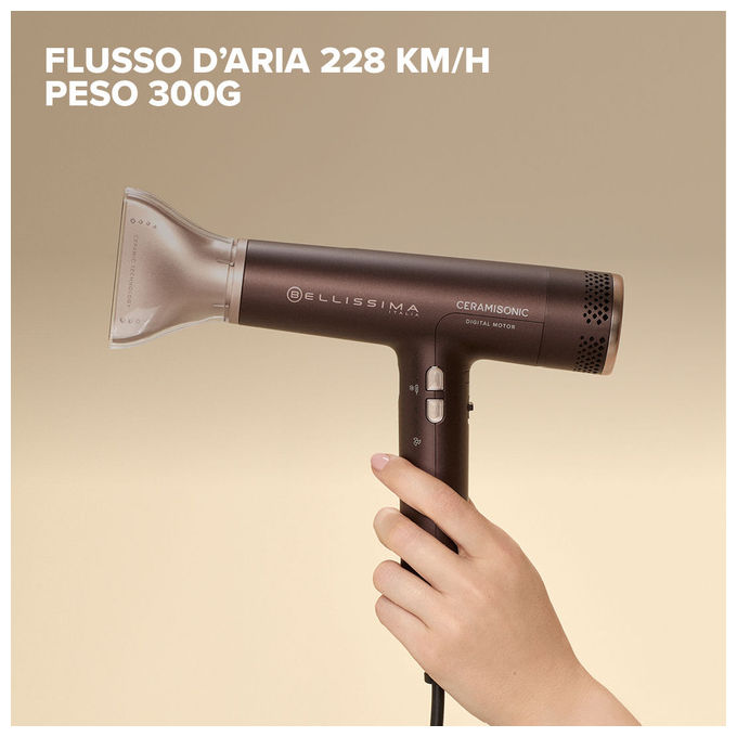 Bellissima 21013 Ceramisonic Asciugacapelli 1700 W Motore Digitale Ion Ceramic Hi-Pro 3 velocita' 3 temperature con diffusore colore Deep Brown Rosa