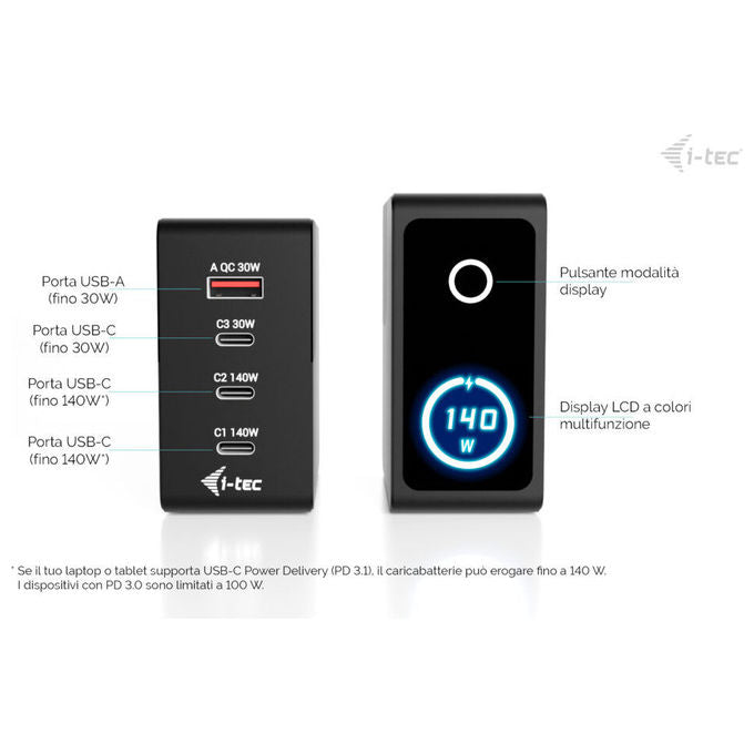 I-tec CHARGER-INTG140W Caricabatterie Multiporta 140W USB-C Power Delivery 3.1 3x USB-C 1x USB-A Display Touch colore Nero