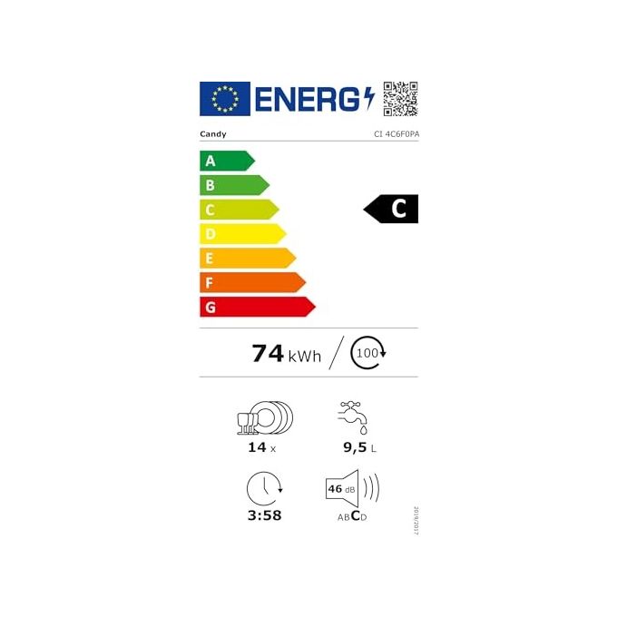 Candy CI4C6F0PA RapidÓ Lavastoviglie da Incasso a Scomparsa Totale 14 coperti Classe C 46 dB Wi-Fi Bluetooth Inverter (82x60x56 cm) colore Antracite