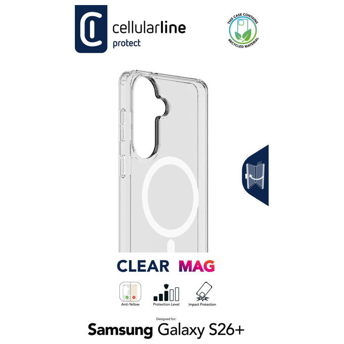 Cellularline CLEARMAGALS26PLT Clear Mag Custodia Cover Samsung Galaxy S26 Plus Rigida Bordo Gomma Qi2 MagSafe Anti-ingiallimento Antibatterica colore Trasparente