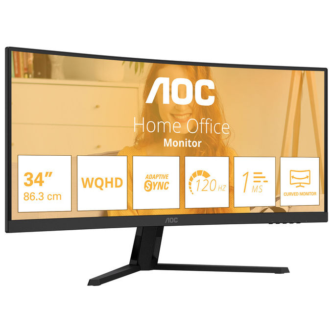 AOC monitor curvo 34 pollici CU34B3E, UltraWide QHD 3440x1440, pannello VA, 120Hz, 4ms, Adaptive Sync, HDR10, Nero
