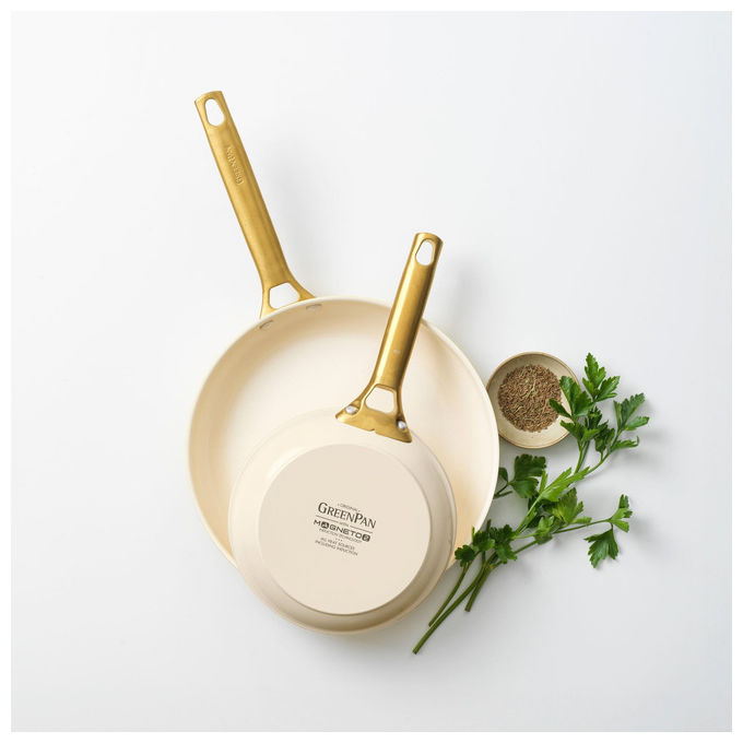 GreenPan CW-CC008494-001 Padova Set di Padelle 20+26 cm Rivestimento Ceramico Antiaderente con Diamanti Manici Ergonomici Base Spessa per Distribuzione Uniforme del Calore colore Crema con Manici Dorati