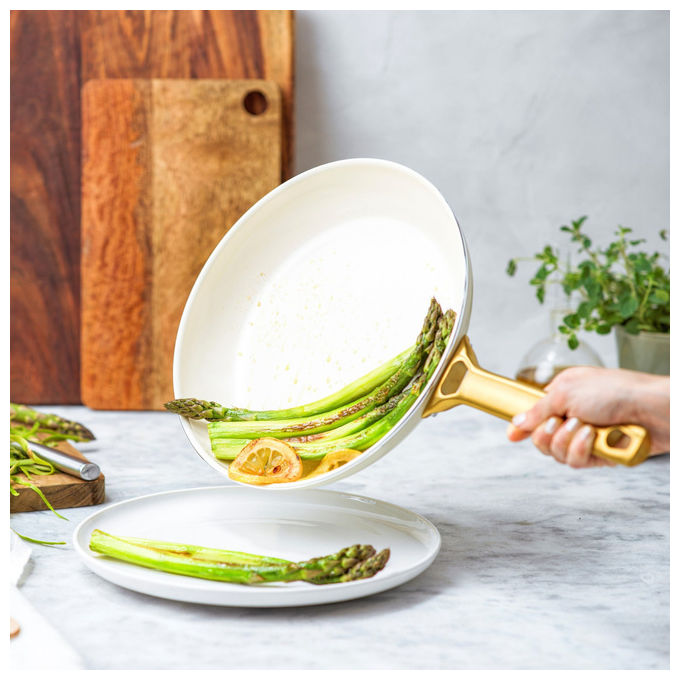 GreenPan CW-CC008494-001 Padova Set di Padelle 20+26 cm Rivestimento Ceramico Antiaderente con Diamanti Manici Ergonomici Base Spessa per Distribuzione Uniforme del Calore colore Crema con Manici Dorati
