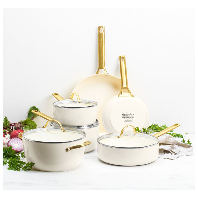 GreenPan CW-CC008494-001 Padova Set di Padelle 20+26 cm Rivestimento Ceramico Antiaderente con Diamanti Manici Ergonomici Base Spessa per Distribuzione Uniforme del Calore colore Crema con Manici Dorati