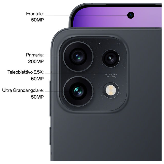 Oppo 110010237194 Reno16 Pro 5G AI Smartphone 200+50+50MP Tripla Fotocamera 50MP Selfie 6.32'' 120Hz AMOLED FHD+ 6000mAh 12GB RAM 512GB ROM colore Nero