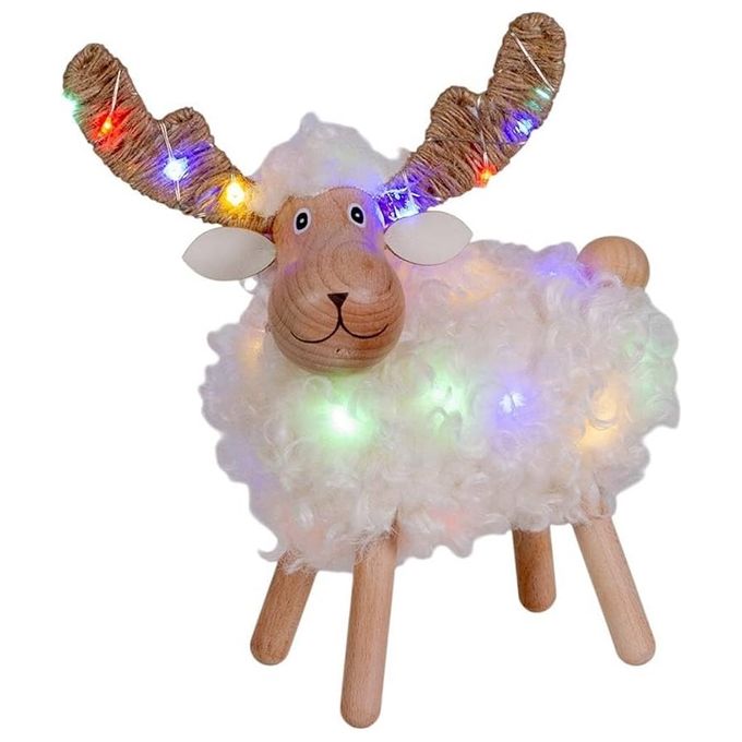 Lotti XD130_3 Pecorenna Luminosa in Legno e Pelo Decorazione Natalizia con 8 Effetti Luce 14 x 23 H cm colore Bianco