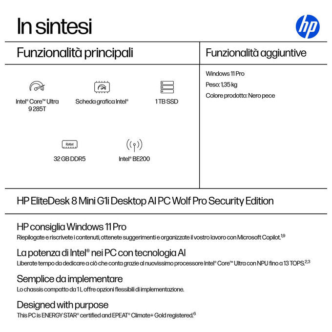 HP D57L3ET#ABZ EliteDesk 8 Mini G1i Desktop Intel Core Ultra 9 32 GB 1 TB SSD Wi-Fi 7 Windows 11 Pro colore Nero
