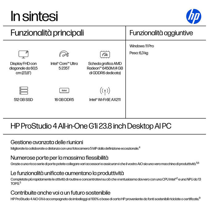 HP D5BM9ET All-in-One PC 23.8'' Intel Core Ultra 5 16 GB DDR5 512 GB SSD colore Nero