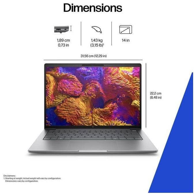 HP D5JM1ETABZ ZBook 8 G1ak Workstation Mobile 14 pollici AMD Ryzen AI 7 PRO 32GB DDR5 1TB SSD WUXGA Wi-Fi 7 Windows 11 Pro colore Argento