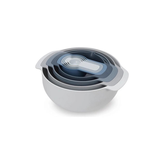 Joseph Joseph 40112 NEST Set Ciotole da Cucina 9 Pezzi con Colino e Misurini Plastica Impilabile Lavabile in Lavastoviglie Fondo Antiscivolo colore Blu