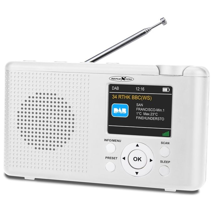 Reflexion TRA23DAB-WH Radio da scrivania DAB+ DAB FM Bluetooth 40 stazioni memoria 2.4'' a colori 16W batteria 1200mAh ricaricabile colore Bianco