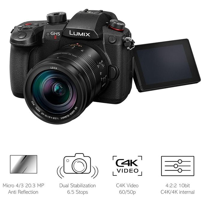 Panasonic DC-GH5M2LE Lumix GH5 M2 Fotocamera Mirrorless Sensore 20.3 MP Video C4K 60p 10bit Stabilizzazione 6.5 Stop Obiettivo 12-60mm colore Nero