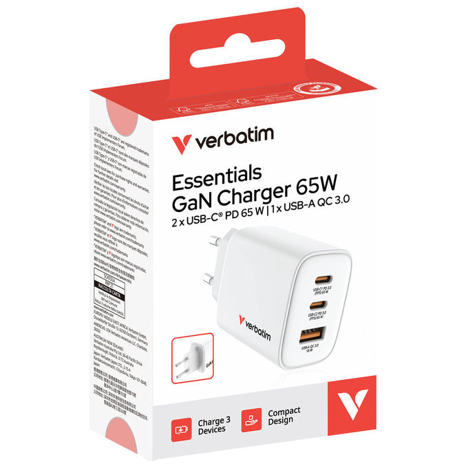 Verbatim 32353 Caricabatterie Universale con 2 Porte USB Tipo C e 1 Porta USB A Ricarica Rapida fino a 65 W Power Delivery 3.0 Quick Charge 3.0 GaN colore Bianco