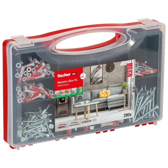 Fischer 577158 Meister-Box XL Set di tasselli e viti 210 pezzi materiale Plastica resistente agli urti colore Grigio chiaro-Rosso