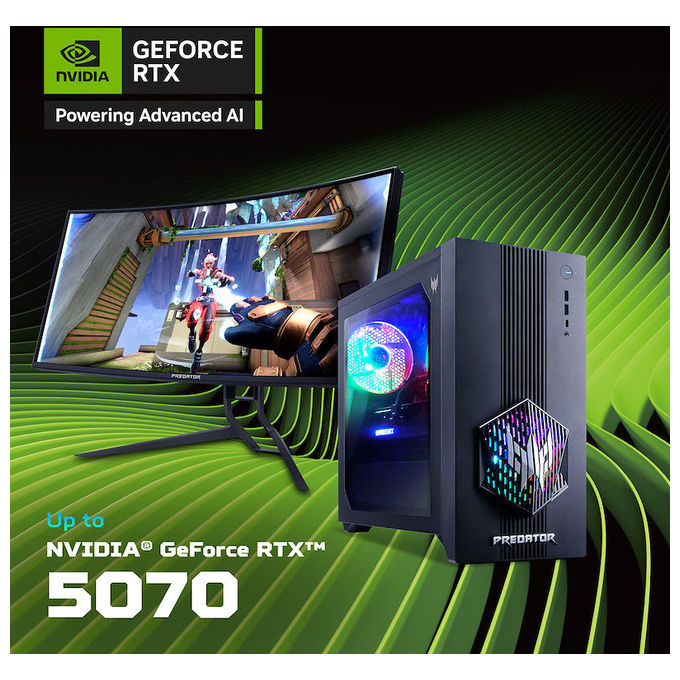 Acer, PC Desktop Gaming Predator Orion 3000 PO3-665 H810, Intel Core Ultra 7, RTX 5070, 16GB RAM, 1TB SSD, Nero