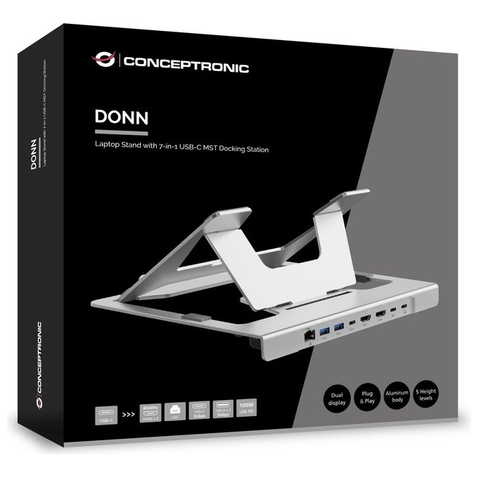 Conceptronic DONN35S Supporto x Notebook con Docking Station 7in1 Dual HDMI 4K60Hz 100W USB PD USB-C 5Gbps USB-A 5Gbps x2 GbE colore Nero