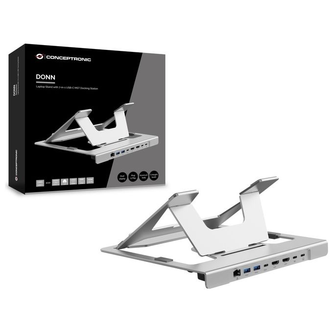 Conceptronic DONN35S Supporto x Notebook con Docking Station 7in1 Dual HDMI 4K60Hz 100W USB PD USB-C 5Gbps USB-A 5Gbps x2 GbE colore Nero