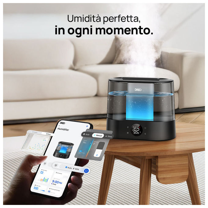 Dreo DR-HHM010S Umidificatore Smart 4L con App Alexa e Sensore di Umidita' Nebbia Fredda 36h Autonomia 28dB colore Nero