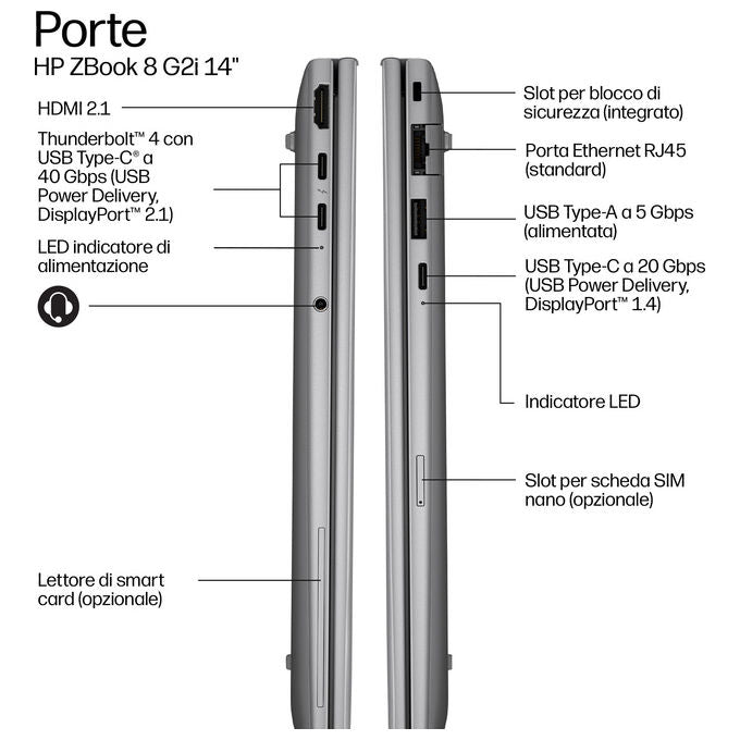 HP DS3W9AT ZBook 8 14 G2i AI Workstation Mobile Copilot+ PC Laptop 14'' WUXGA Intel Core Ultra 7 48 GB DDR5 SSD 1 TB NVMe NVIDIA RTX PRO 500 6 GB Wi-Fi 7 Windows 11 Pro colore Argento