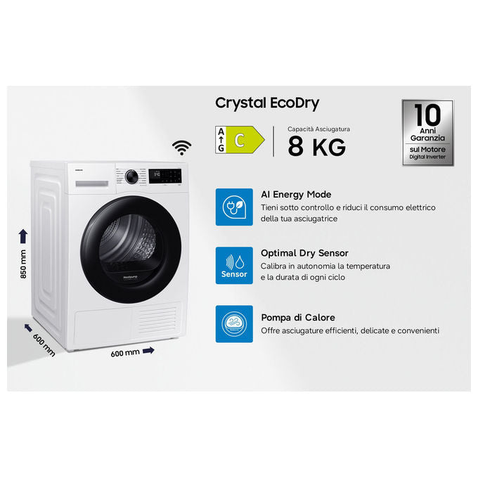 Samsung DV80DG52B0AEET Crystal EcoDry Asciugatrice Pompa di Calore 8 Kg Classe C Wi-Fi OptimalDry (85x60x60 cm) colore Bianco