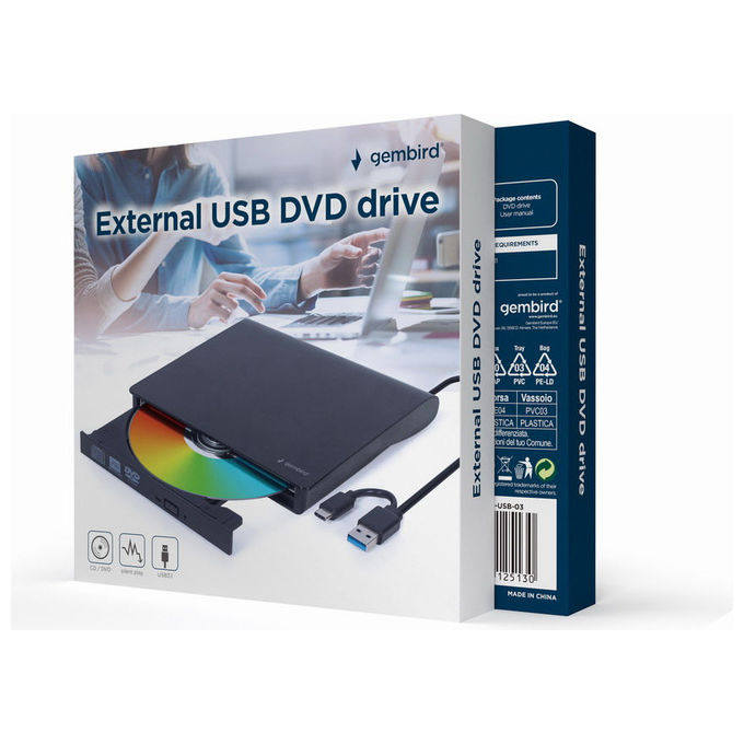 Gembird DVD-USB-03 Masterizzatore DVD±RW Esterno USB Type-C USB 3.1 Gen 1 Plug and Play colore Nero