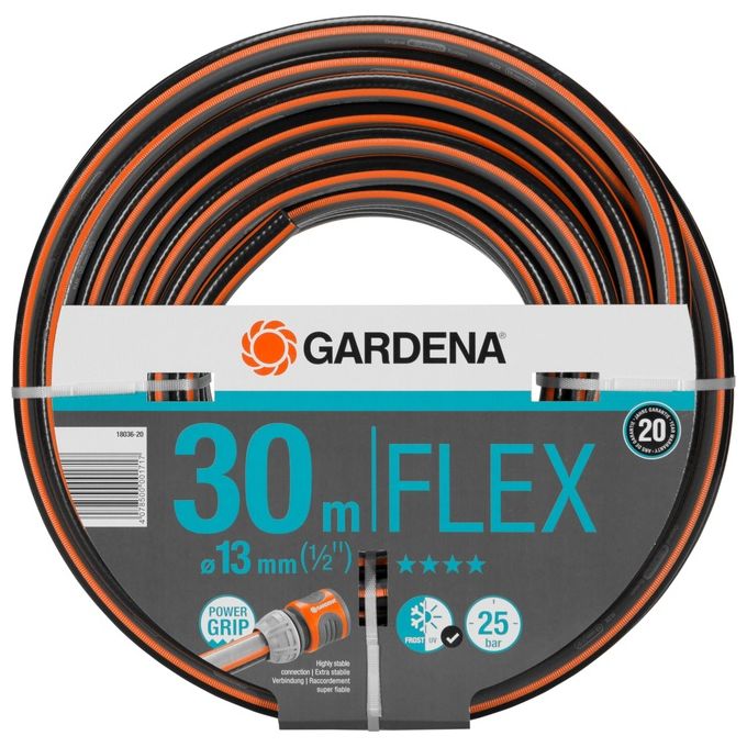 Gardena 18036-20 Comfort FLEX Tubo da Giardino 30 m Diametro 13 mm Resistente UV Power Grip 25 bar colore Nero Grigio Arancione