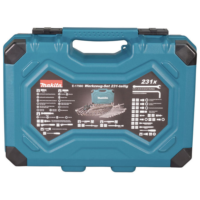 Makita E-17980 Set di Strumenti Meccanici 231 Pezzi con Chiavi Combinazione Chiave a Brugola Torx Cricchetto Prolunghe 1-4 1-2 mm Colori Blu Metallico