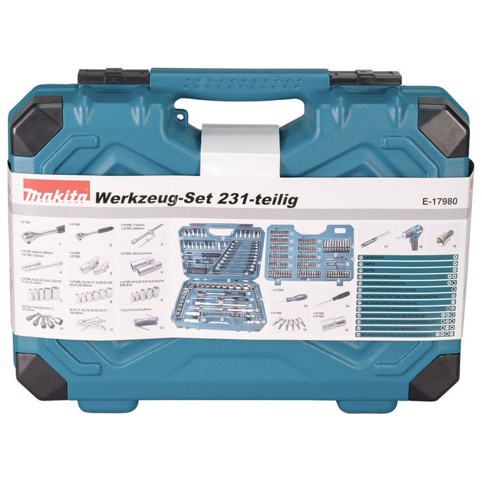 Makita E-17980 Set di Strumenti Meccanici 231 Pezzi con Chiavi Combinazione Chiave a Brugola Torx Cricchetto Prolunghe 1-4 1-2 mm Colori Blu Metallico