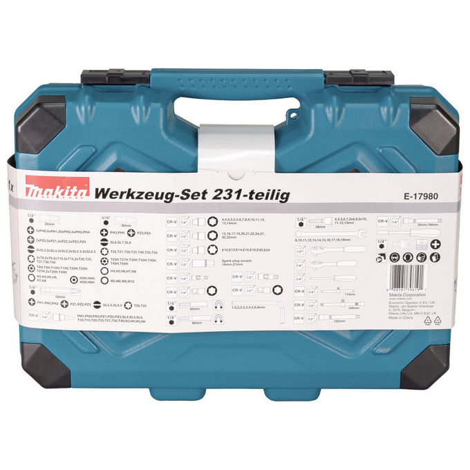 Makita E-17980 Set di Strumenti Meccanici 231 Pezzi con Chiavi Combinazione Chiave a Brugola Torx Cricchetto Prolunghe 1-4 1-2 mm Colori Blu Metallico