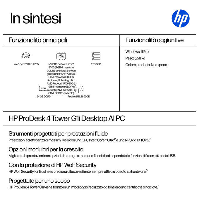 HP E07K4AT ProDesk 4 Tower G1i Desktop AI PC Intel Core Ultra 7 265 24 GB DDR5-SDRAM 1 TB SSD Windows 11 Pro colore Nero