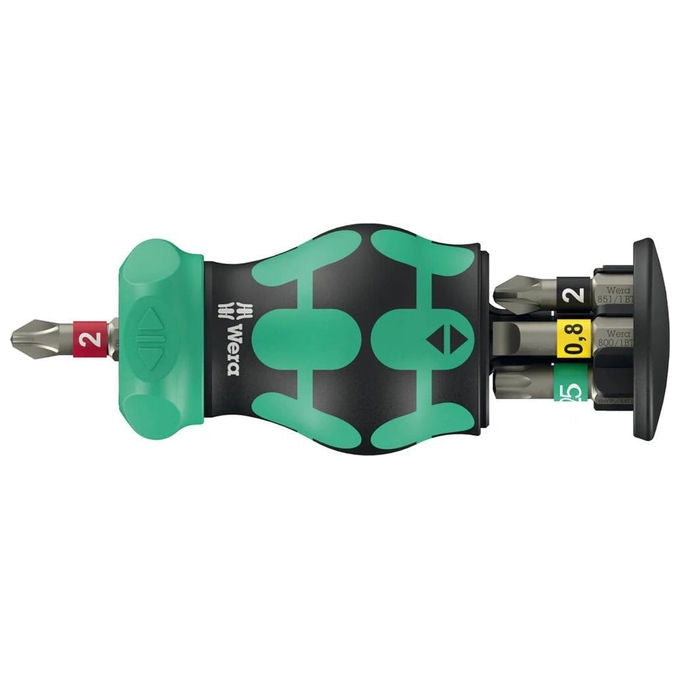 Wera 008892 Kraftform Kompakt Stubby Magazin RA 2 Set di bit con cacciavite a cricchetto 6 punte BiTorsion PH PZ TORX Slot lunghezza 115 mm colore Nero-Verde