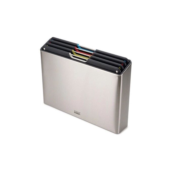 Joseph Joseph 60170 Folio Steel Set di 4 Taglieri Acciaio Inossidabile e Polipropilene con Supporto Colore Nero Argento