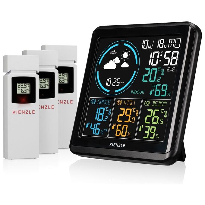 Kienzle 14997 Funk DCF Stazione Meteo Compact con Previsioni del Tempo Temperatura e Umidita' Ambiente Data e Ora Automatica via Segnale DCF Alimentazione con Spina o Batterie colore Nero