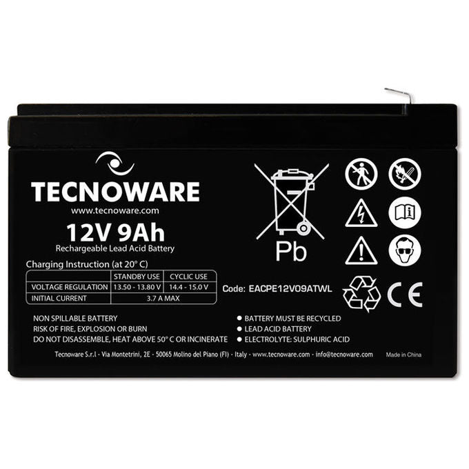 Tecnoware EACPE12V09ATWL Power Battery Batteria Piombo 12V 9Ah Faston 6,35mm Long Life 10 anni per UPS Sistemi di Sicurezza e Allarme