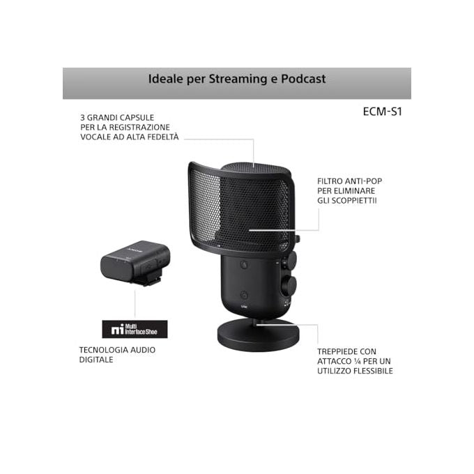 Sony ECM-S1 Microfono Wireless per Streaming con Attacco Multi Interface Shoe Connessione Bluetooth 5.3 Portata fino a 150 m USB-C e Jack 3.5 mm colore Nero
