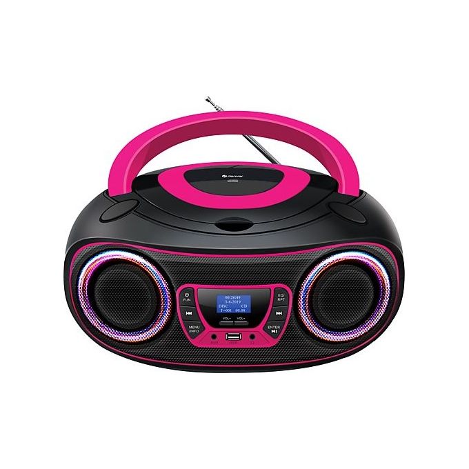 Denver TDB-212P Boombox DAB+ con Bluetooth Lettore CD USB AUX Potenza 2 x 1.8W RMS Luce attorno alla griglia degli altoparlanti colore Rosa