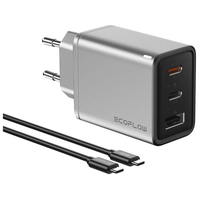 EcoFlow Rapid, Caricabatterie Universale 65W, Argento, Ricarica Rapida, 3 Dispositivi