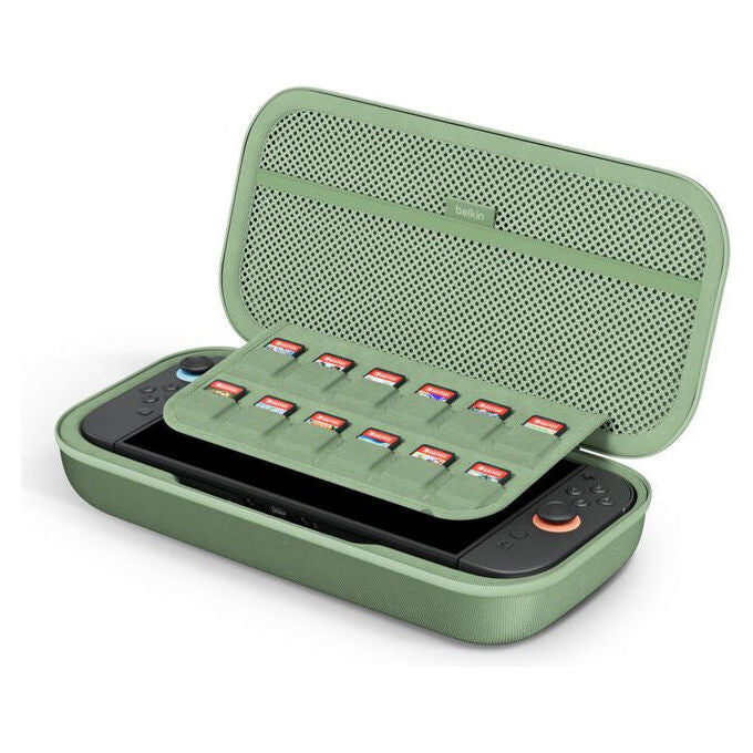 Belkin ENA001HQSE-V2 Custodia di Ricarica per Nintendo Switch 2 con Batteria Integrata Supporto da Tavolo 12 Slot per Schede di Gioco Materiale Resistente all'Acqua e all'Abrasioni colore Verde