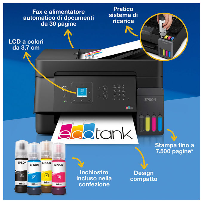 Epson ET-4900 EcoTank Stampante Multifunzione A4 Wi-Fi Ethernet LCD ADF 30 fogli colore Nero