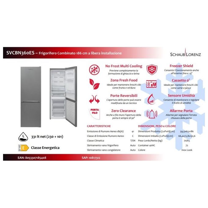Schaub Lorenz SVCBN360ES Frigorifero Combinato No Frost 330 L 186 cm Classe E 39 dB colore Inox