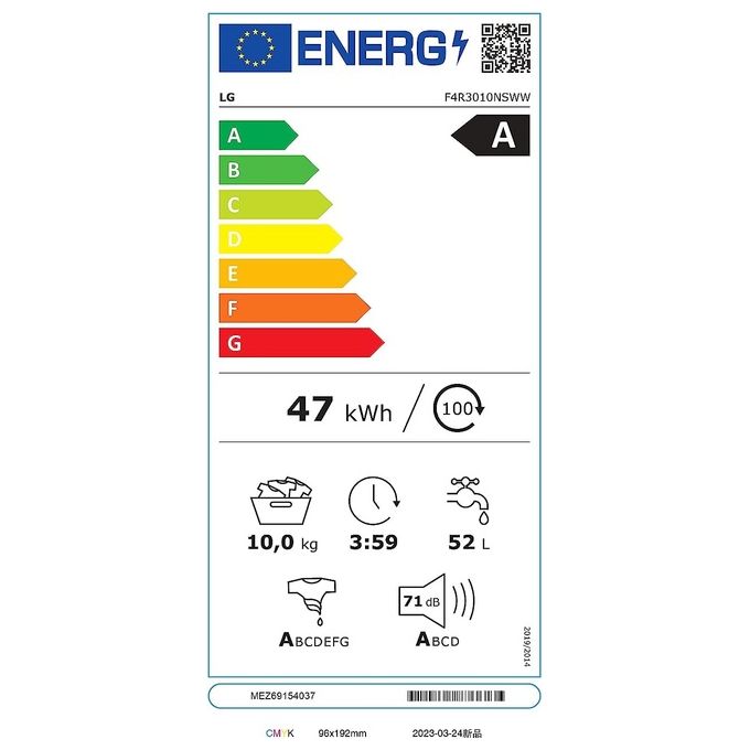 LG AI DD F4R3010NSWW Lavatrice Classe A -10% Carica Frontale Serie R3 Lavatrice 10kg 1400 giri AIWash Lavaggio a vapore Motore Direct Drive Smart Diagnosis Libera installazione Bianca